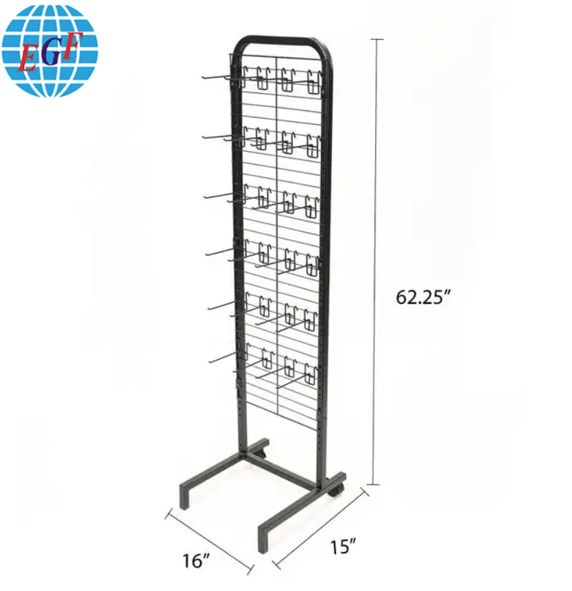 Floor Display with Metal Tube Frame, Metal Base with Rear Wheels, Wire Grid Panel,