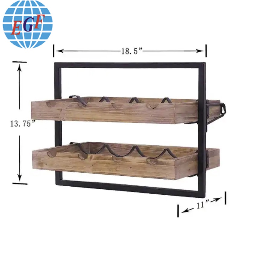 Two-Tier Wine Rack with Wooden Dividers and a Metal Outer Frame, Featuring Four Slots on Each Tier, Wall-Mounted Storage, Customizable