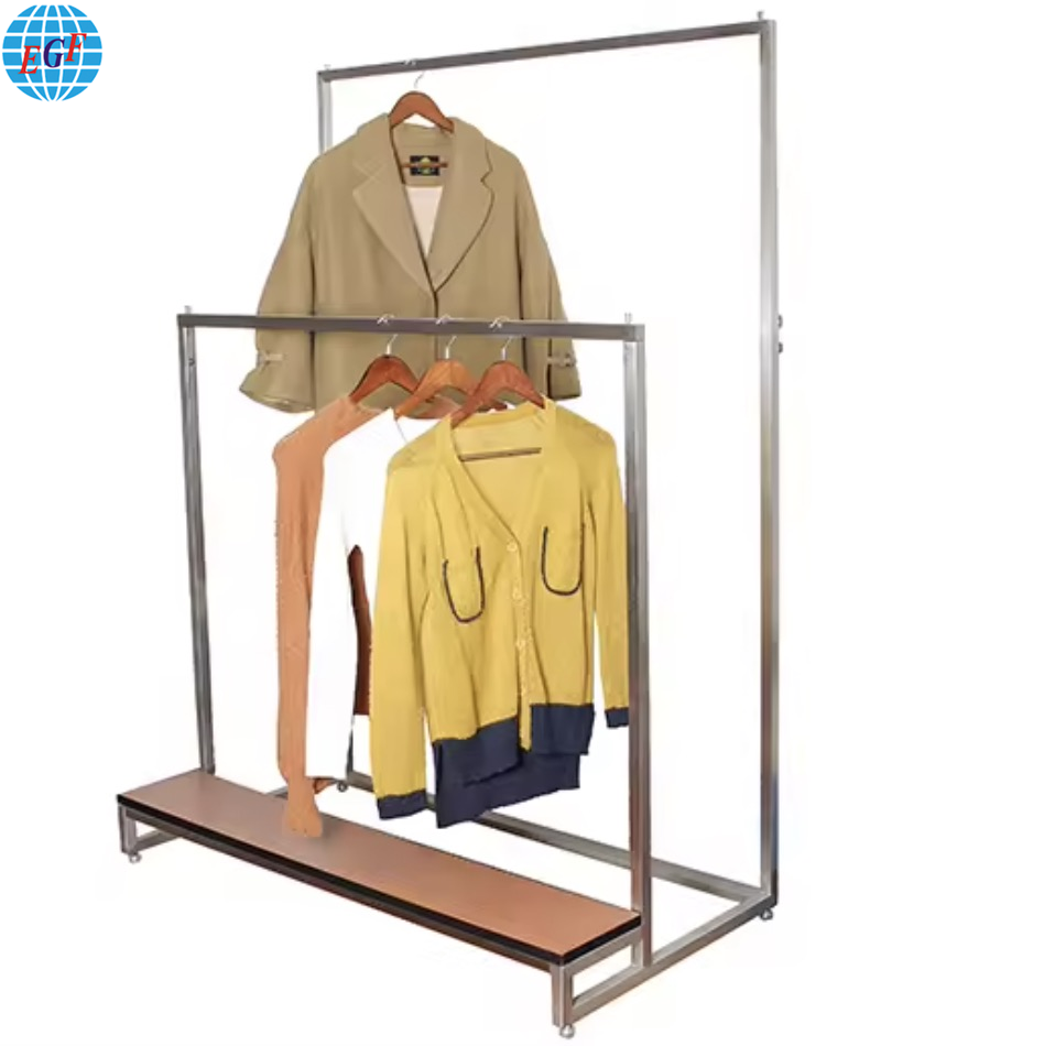 Iron-Wood Clothing Display Rack with Two Horizontal Bars and One Platform, Customizable