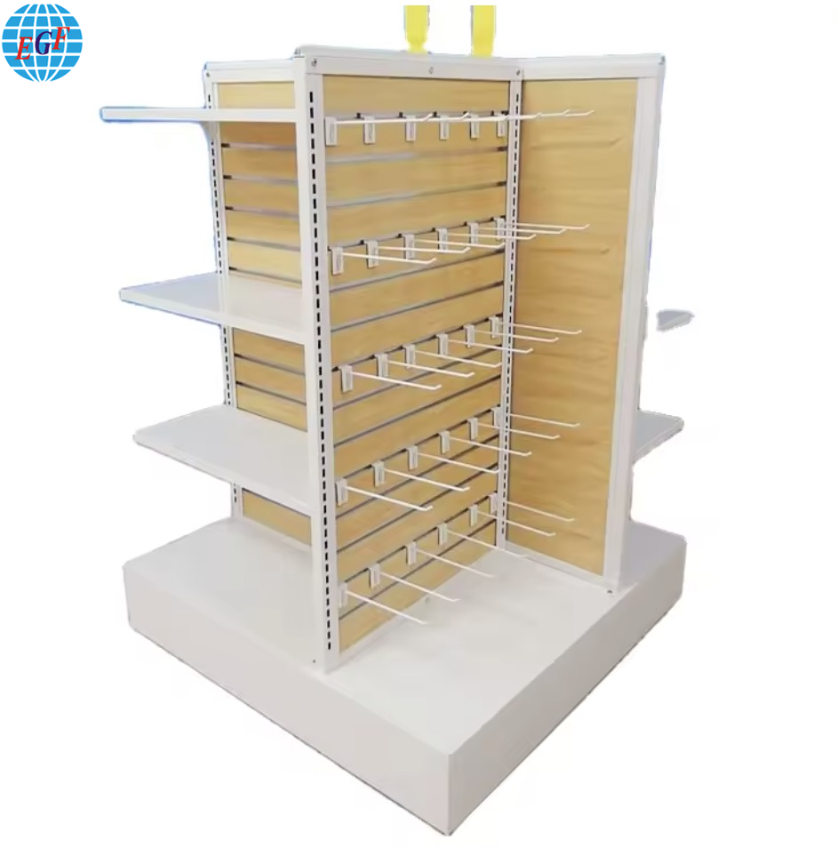 Four-Sided Wooden Slatwall Back Board with Hooks and Shelves for Clothing Retail Stores.