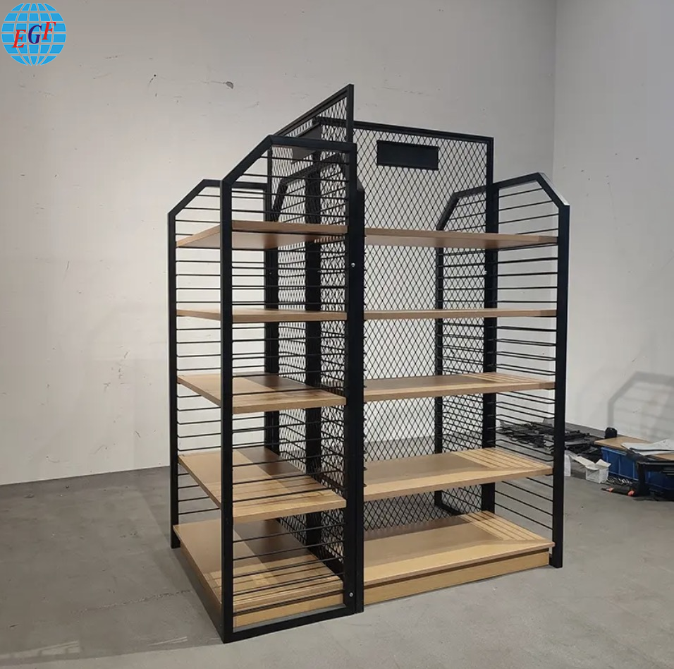 Custom Single-Sided Grid Back Five-Tier Metal Frame Wooden Shelf Display Rack