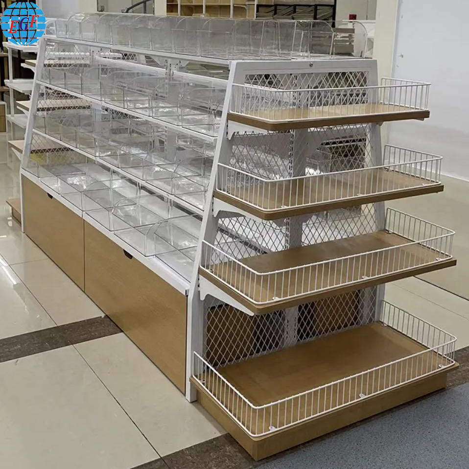 Supermarket Customized Four-Tier Island Display Rack with Back Grid Wooden Shelves, Drawers, and Acrylic Boxes