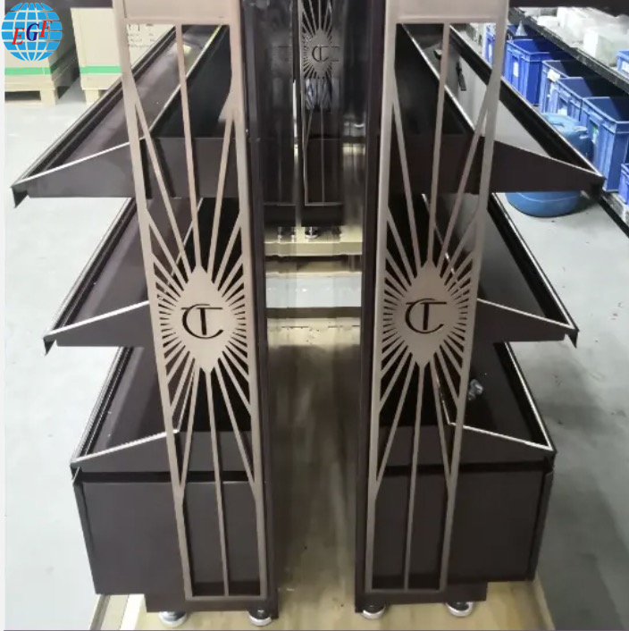 Customizable Four-Tier Metal Cosmetic Display Stand with Laser-Cut Metal Brand Logos on Both Sides, LED Lighting, and Top Logo