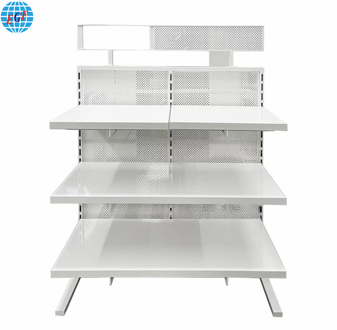 Custom Double-Sided Multi-Functional White Store Display Stand with Pegboard Panel Metal Grocery Store Display Rack