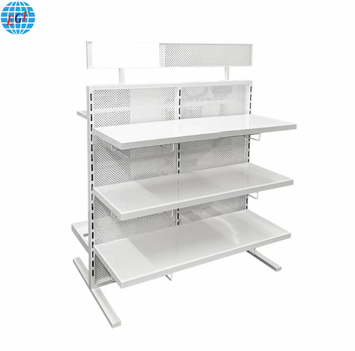 Custom Double-Sided Multi-Functional White Store Display Stand with Pegboard Panel Metal Grocery Store Display Rack