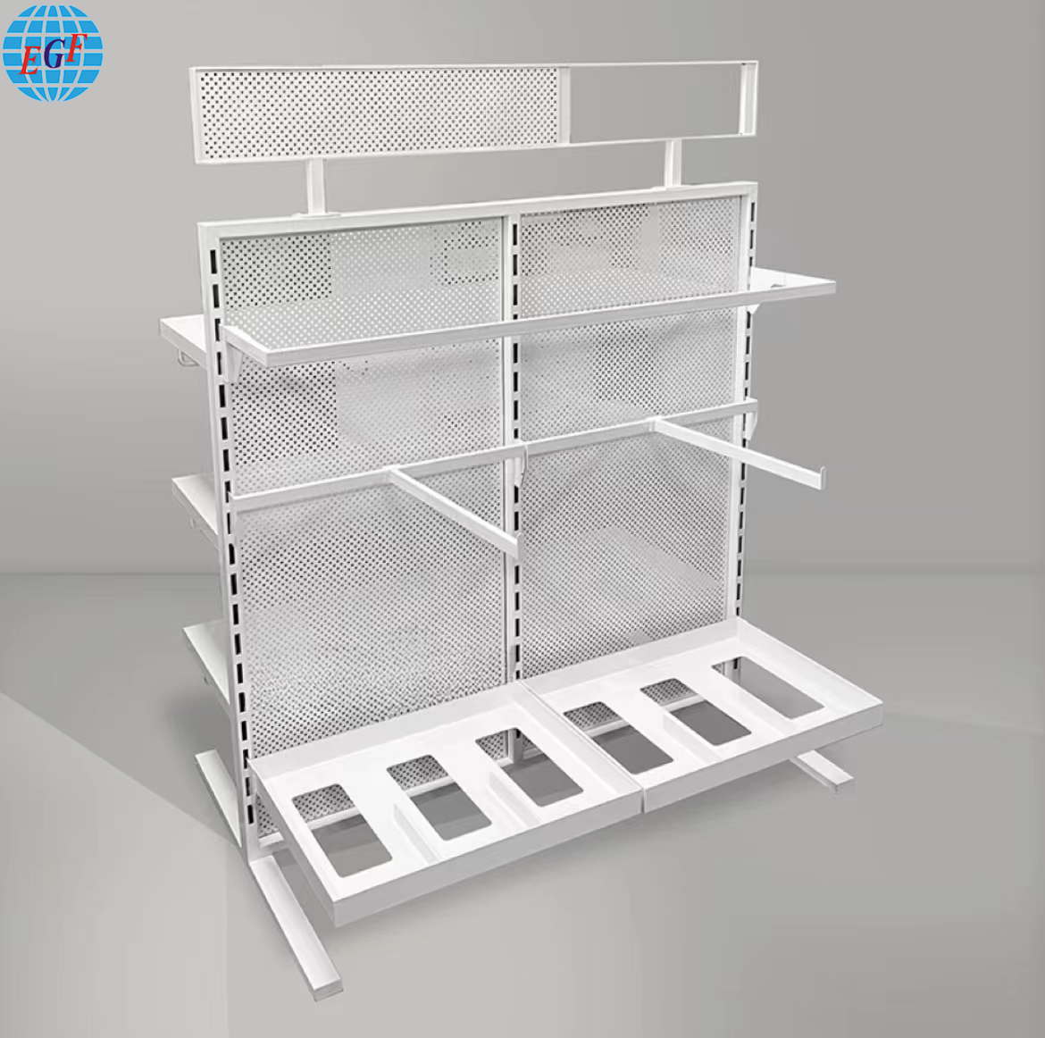 Custom Double-Sided Multi-Functional White Store Display Stand with Pegboard Panel Metal Grocery Store Display Rack