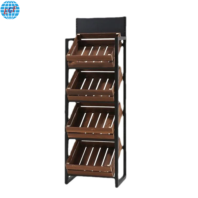 Customizable Four-Tier Metal Frame Wooden Basket Fruit and Vegetable Display Stand with Top Printed Logo for Fresh Supermarkets