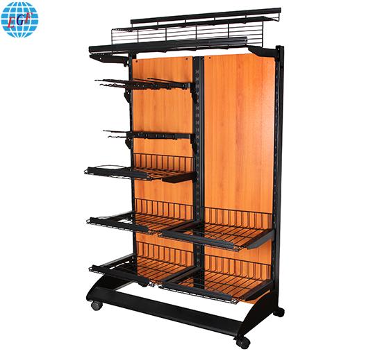 Wood Retail Display Stand with Slatwall MDF Display Board Wood Flooring Display Rack with Basket and Metal Wire Shelf