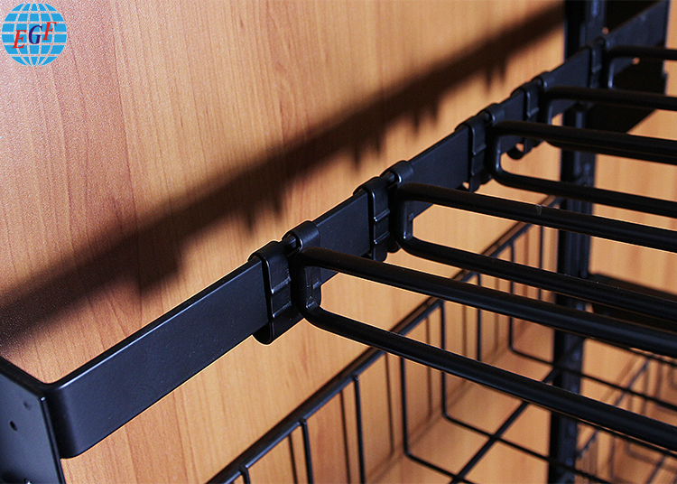 Wood Retail Display Stand with Slatwall MDF Display Board Wood Flooring Display Rack with Basket and Metal Wire Shelf