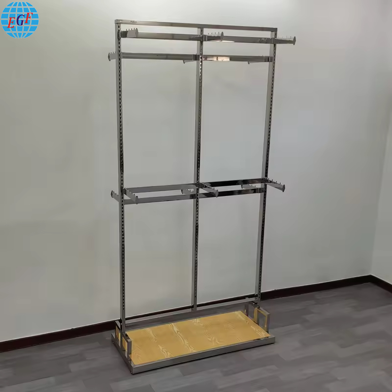 Retail Dual-Sided Double-Tier Adjustable Height Clothing Rack with Wooden Base