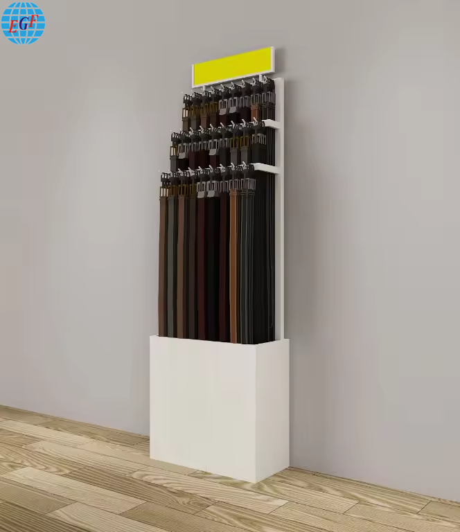 Two Style Exquisite Black Metal and Wood Belt Display Racks for Exhibition and Showcase, Customizable.
