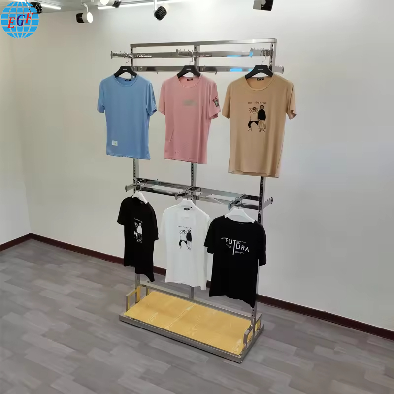 Retail Dual-Sided Double-Tier Adjustable Height Clothing Rack with Wooden Base