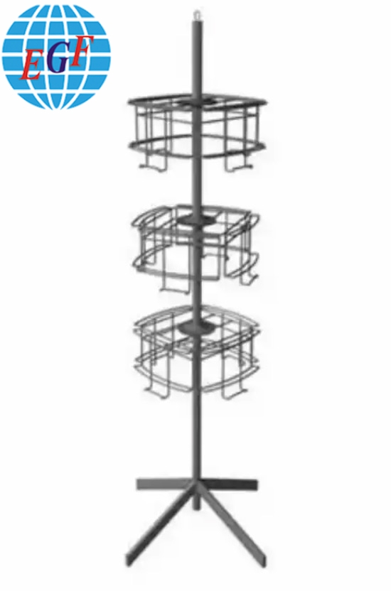 Three-Tier Rotating Display Stand with 12 Wide Hooks ,Four Sides and Top Sign Holder, KD Structure, Customizable