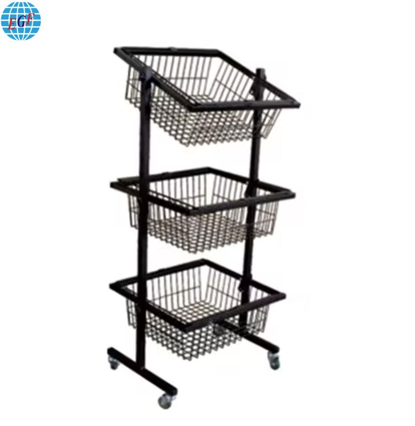 Three-tier Adjustable Wire Basket Display Rack with Wheels for Supermarket, Customizable.