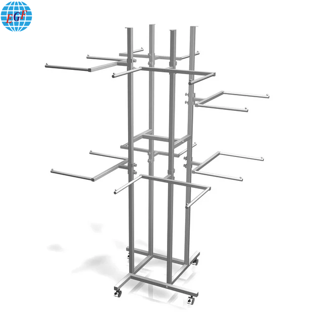Double-Layer Four-Sided Scarf Rotating Clothes Display Stand Rack with Wheels, Customizable.