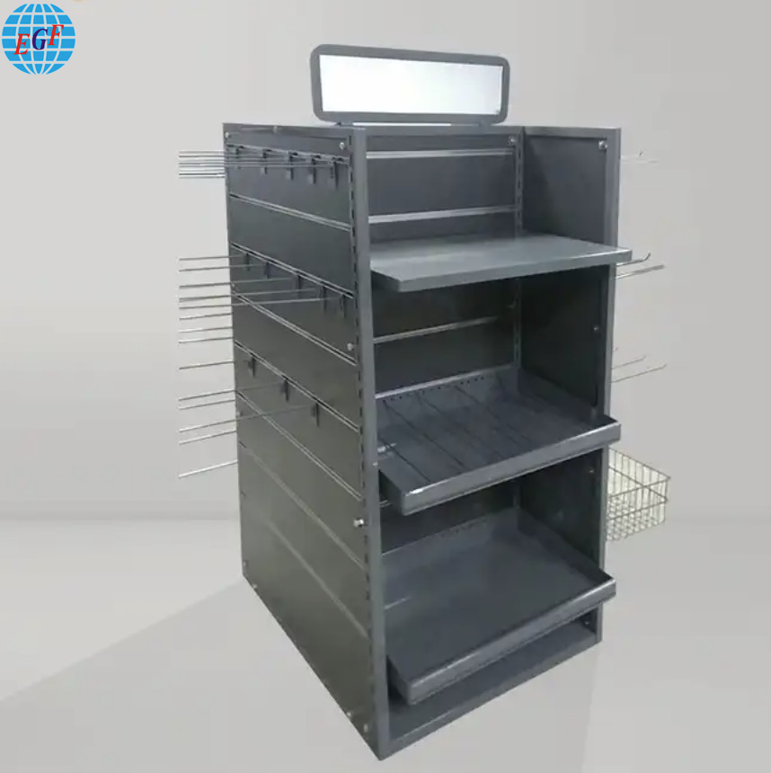 Custom Slatwall Display Fixtures with Three Metal Shelves on Front and Back, Hooks on Both Sides, and Eight Slots