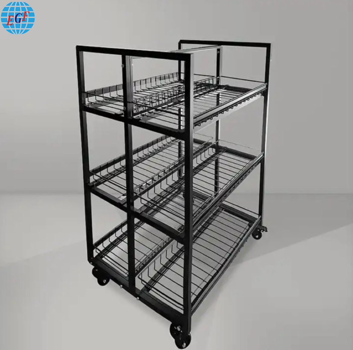 Customized Three-Tier Metal Stand with Wheels and Six Wire Baskets for Retail Stores