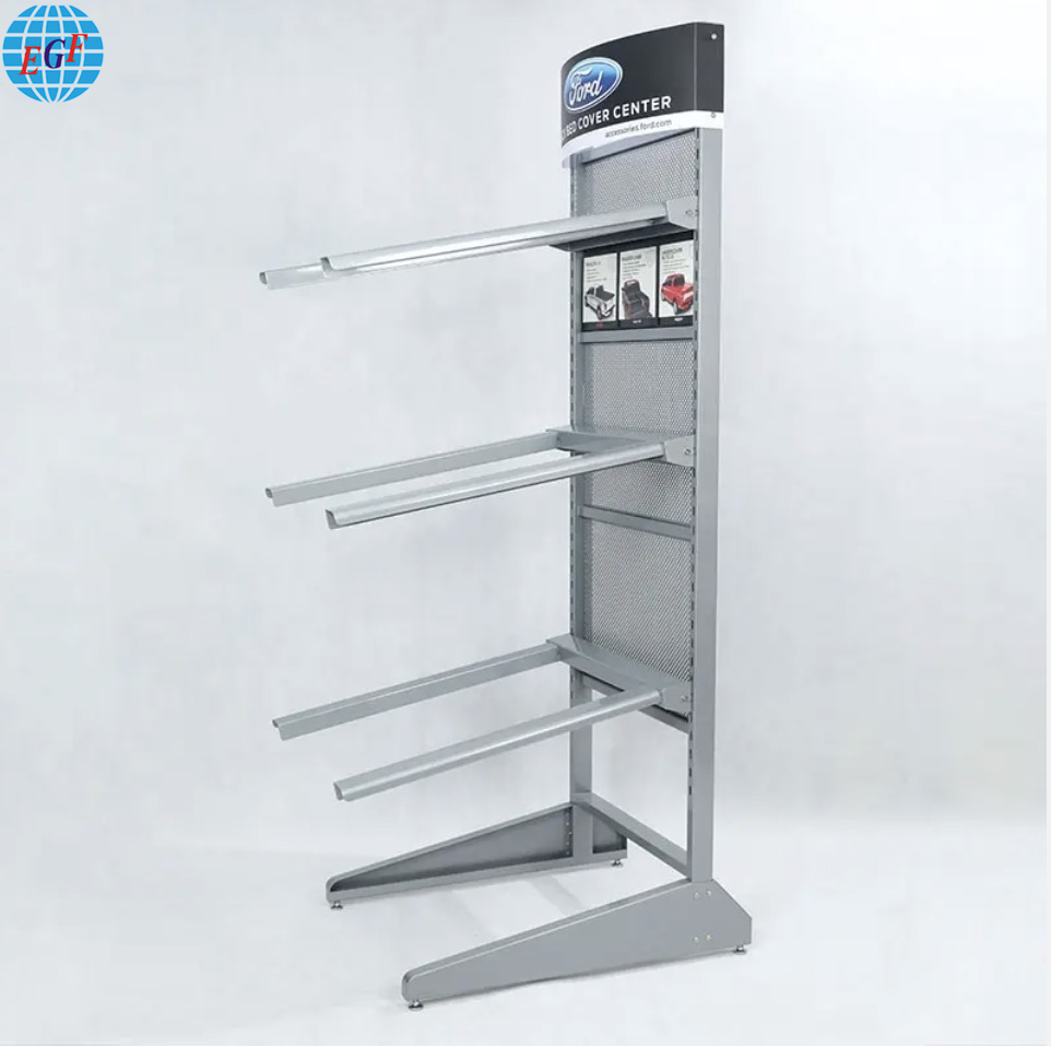 High-Quality Custom Single-Sided Brand Retail Store Metal Car Accessories Display Stand with Six Horizontal Bars and Backboard Slots