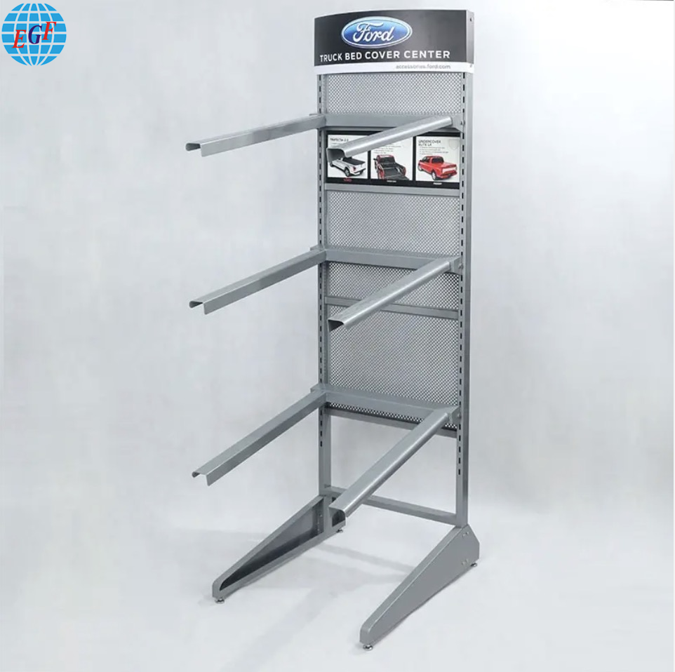 High-Quality Custom Single-Sided Brand Retail Store Metal Car Accessories Display Stand with Six Horizontal Bars and Backboard Slots