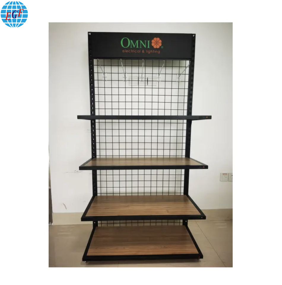Retail Supermarket Single-Sided Metal Display Rack with Four Wooden Shelves and Chrome Hooks on the Back Metal Grid Top Printed Logo