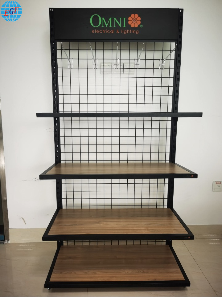 Retail Supermarket Single-Sided Metal Display Rack with Four Wooden Shelves and Chrome Hooks on the Back Metal Grid Top Printed Logo