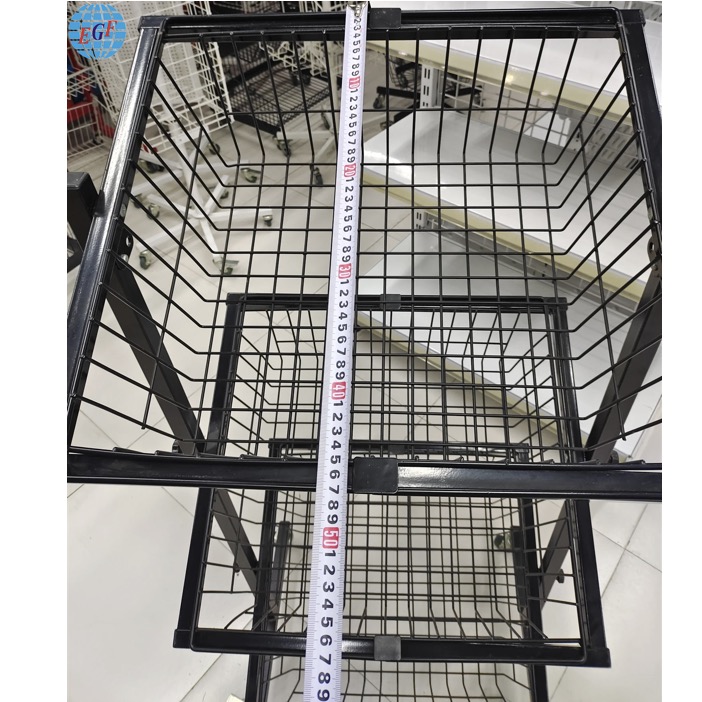 Three-tier Adjustable Wire Basket Display Rack with Wheels for Supermarket, Customizable.