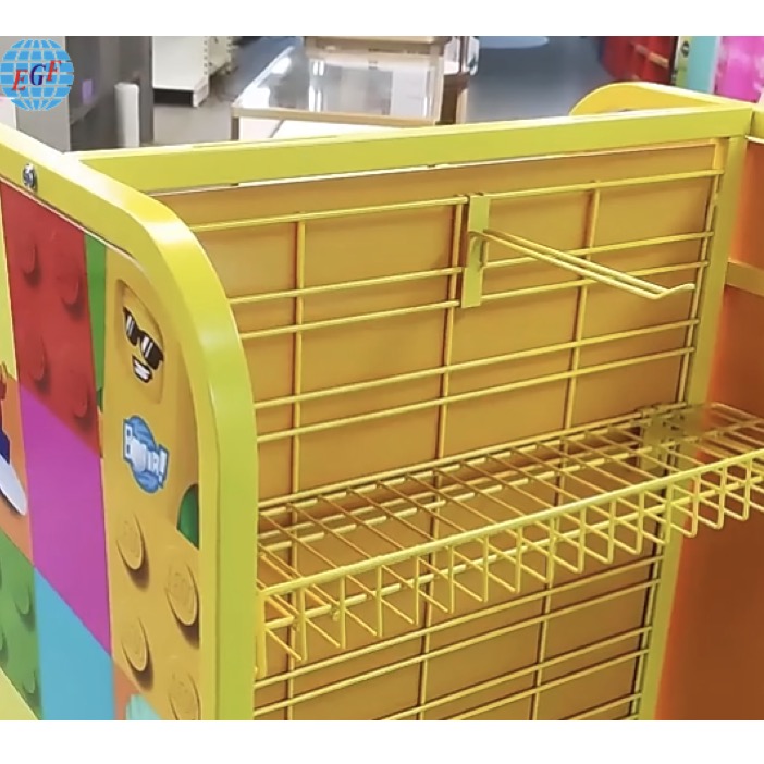 Customizable Lego Wire Display Rack with Wheels, Wire Grid Baskets, Hooks, and Advertising Board