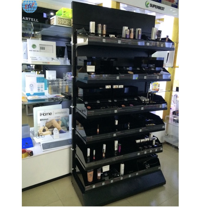 Single-Sided Floor Stand Cosmetic Display Cabinet with 18 Acrylic Trays Printed Logo