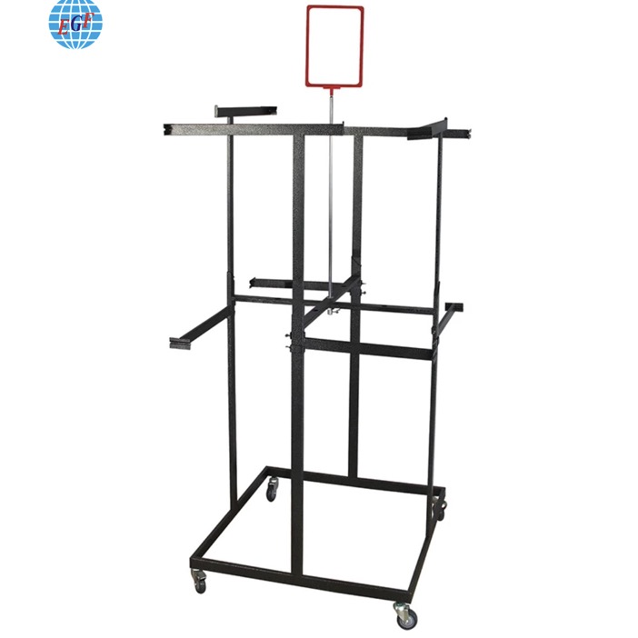 Sturdy Customizable Double-Layer Four-Sided Clothing Display Rack with Wheels and Top Signage