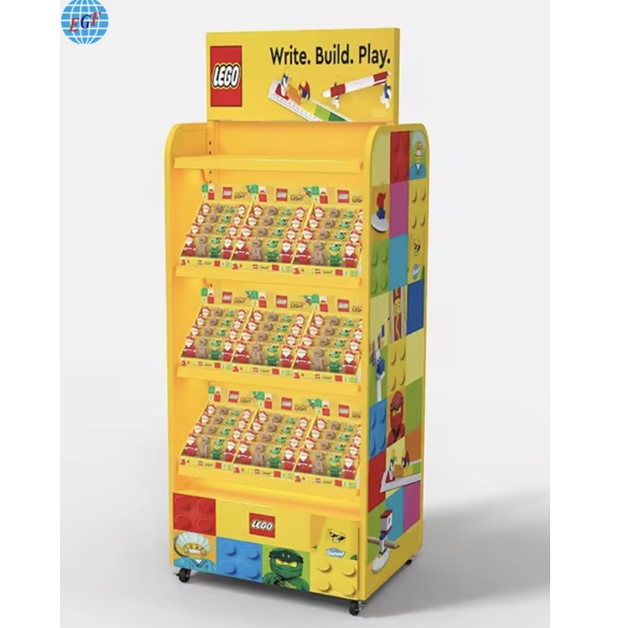 Customizable Lego Wire Display Rack with Wheels, Wire Grid Baskets, Hooks, and Advertising Board