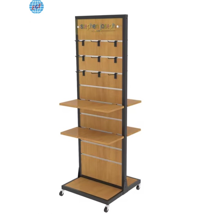 Double-Sided Metal-Wood Slatwall Floor Stand Display with Nine Slots and Two Wooden Platforms, along with Six Hooks on Each Side