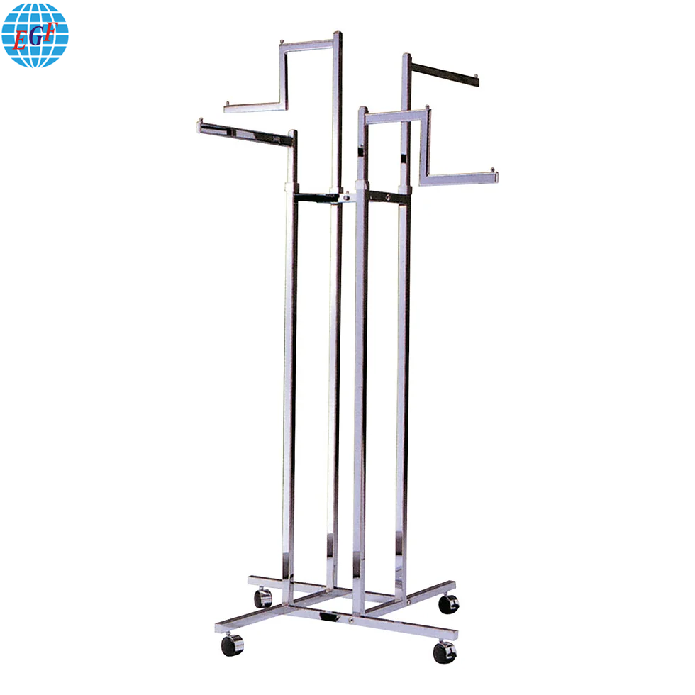 3 Styles Adjustable 4-Way Metal Clothes Rack: Customizable Arms, Mobility Options, Chrome & Powder Coated