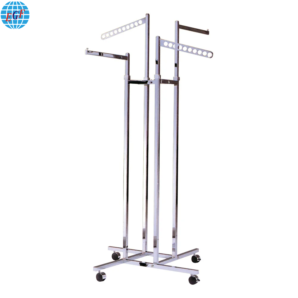 3 Styles Adjustable 4-Way Metal Clothes Rack: Customizable Arms, Mobility Options, Chrome & Powder Coated