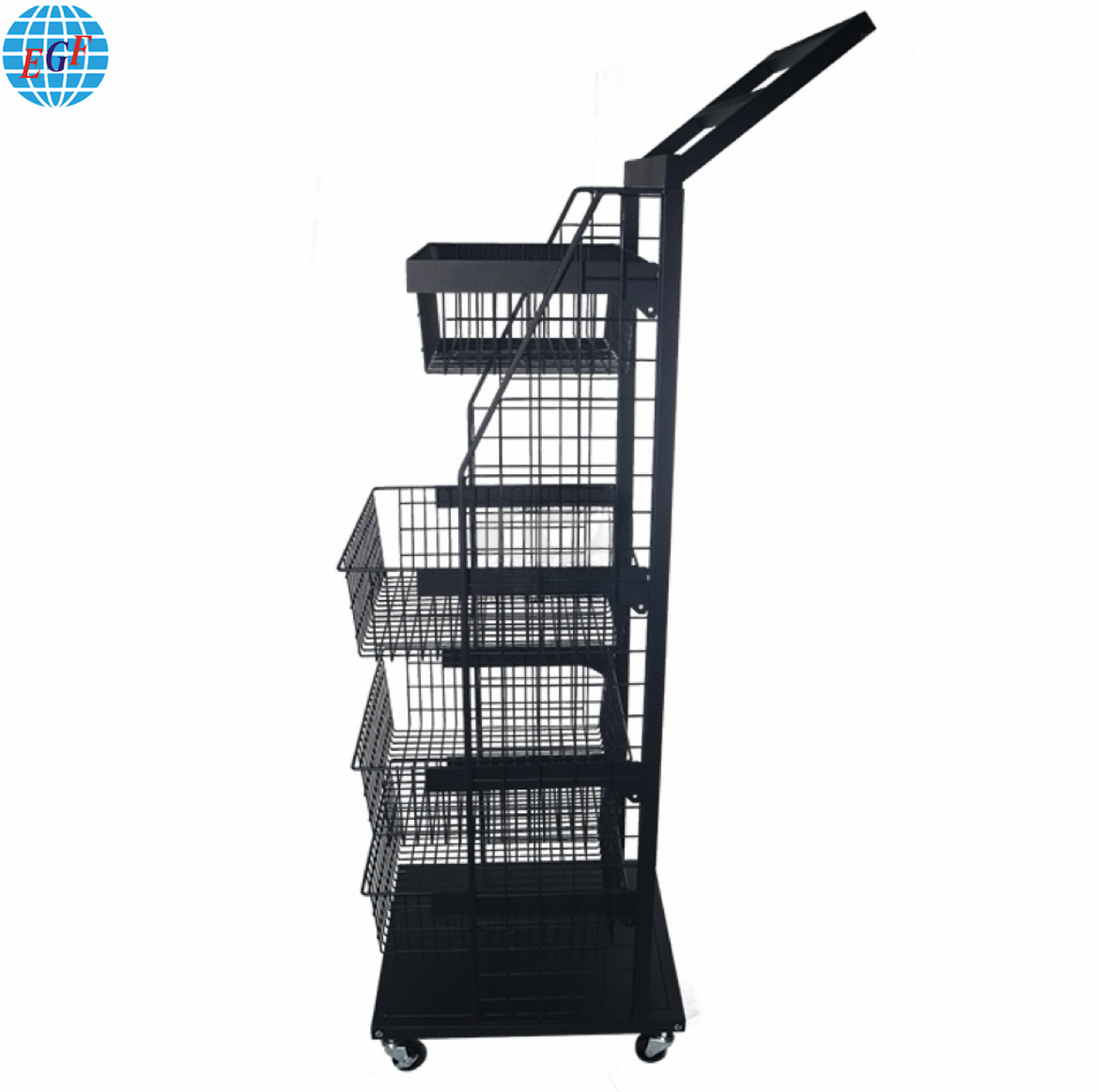 4-Tier Black Matte Powder Coated Steel Wire Storage Basket Rack with Locking Casters - Home & Commercial Use