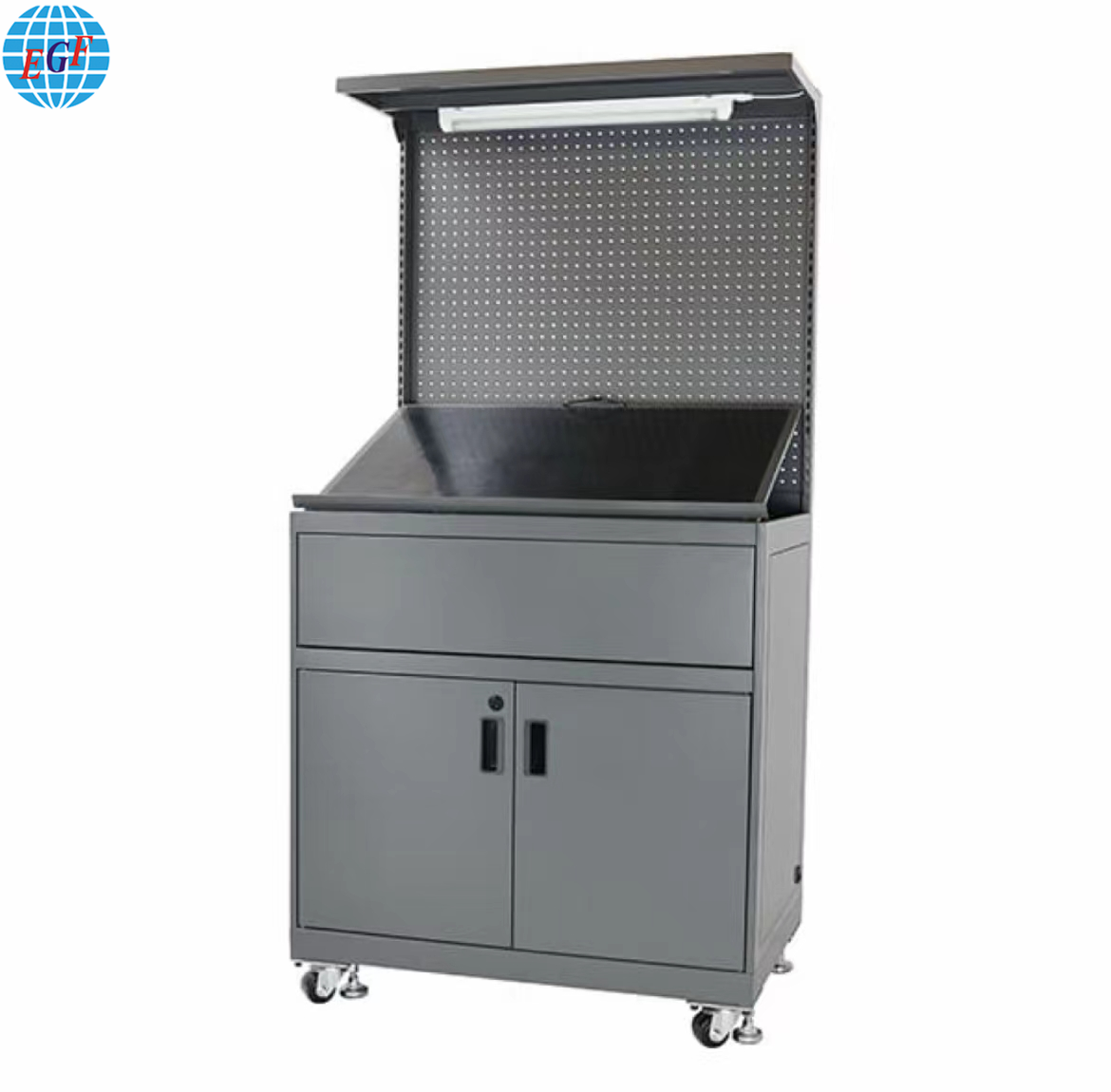 Adjustable Modular Steel Workstation with Pegboard, Drawer & Cabinet Storage - Grey Matte Finish with LED Mount & Lockable Casters