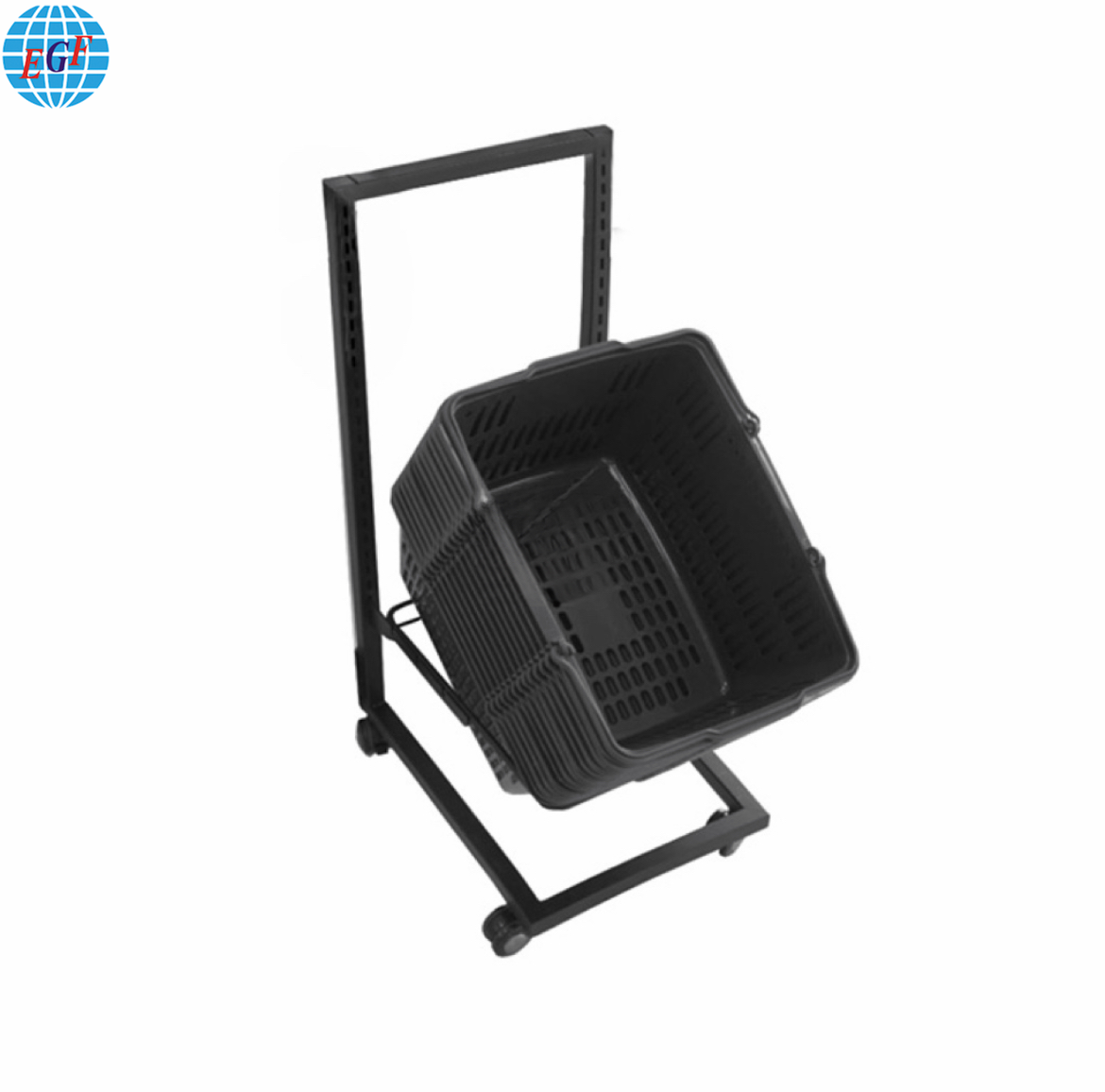 Adjustable Height Shopping Basket Rack with Smooth-Rolling Wheels - Ergonomic Design in Matte Black