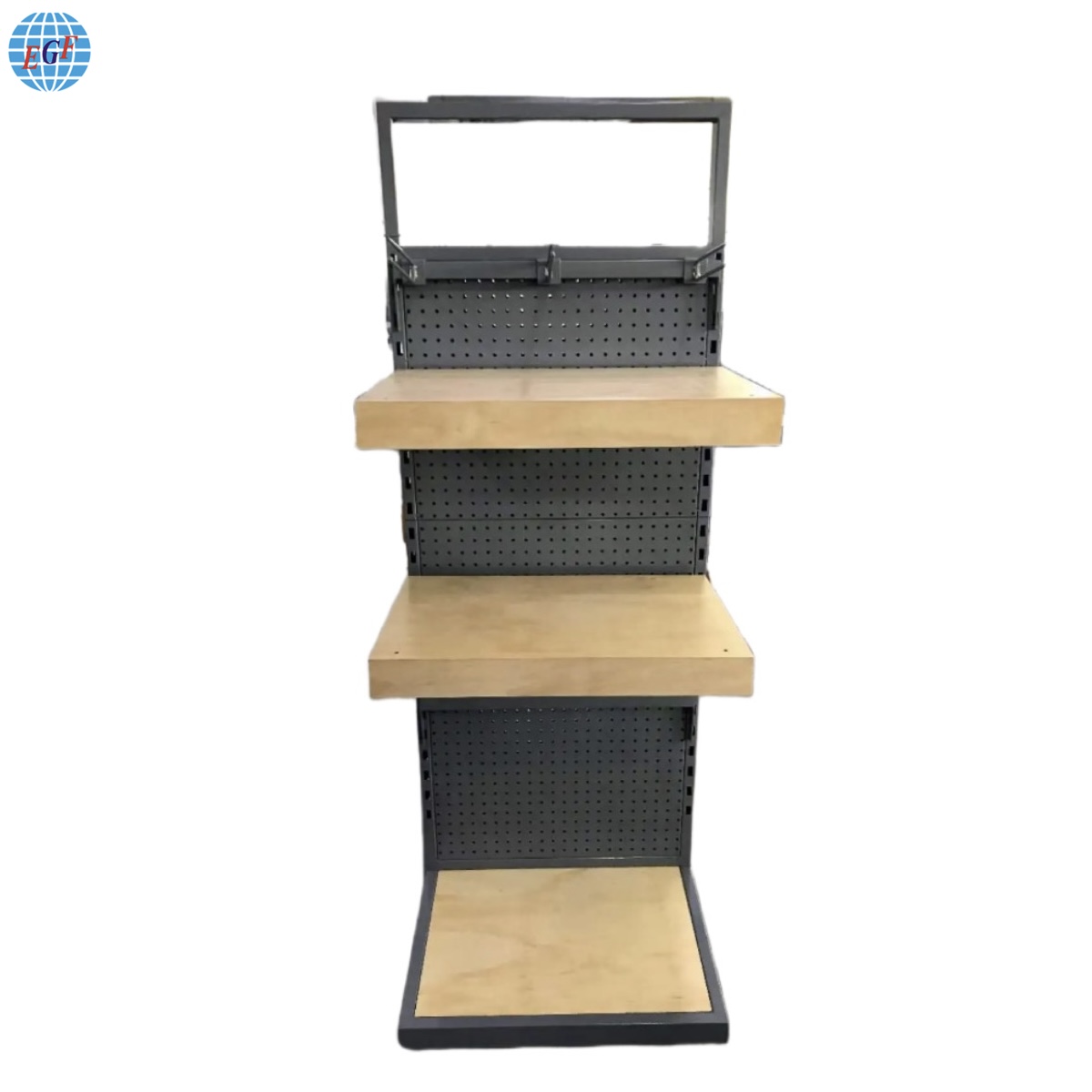 Custom Custom Double-Sided Metal-Wood Display Stand with Three Shelves ...