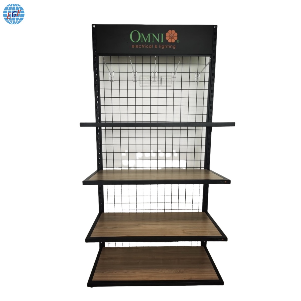 Retail Supermarket Single-Sided Metal Display Rack with Four Wooden Shelves and Chrome Hooks on the Back Metal Grid Top Printed Logo