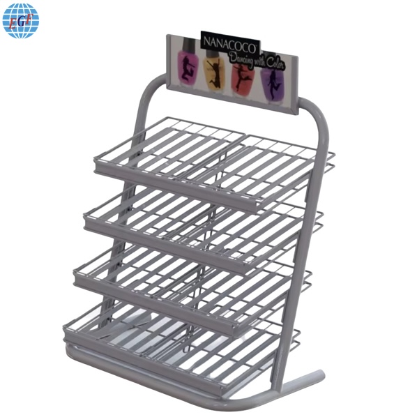 Customizable Brand Cosmetic Three-Tier Metal Wire Countertop Display Stand with Top Advertising Board and Label Holders