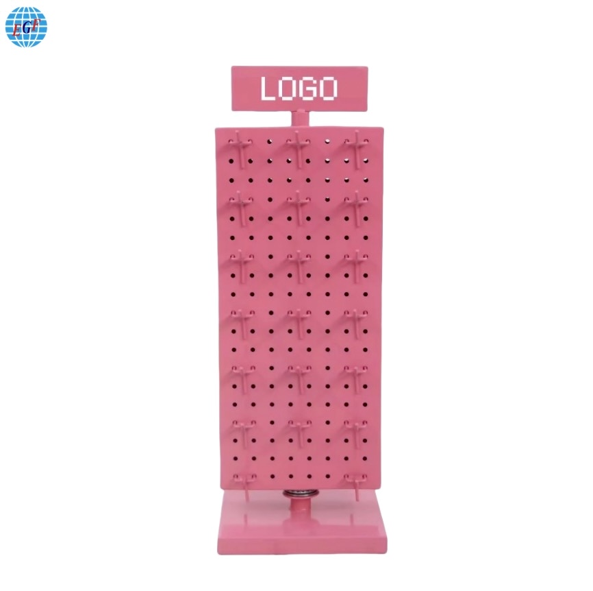 Retail Store High-Quality Double-Sided Metal Peg Rotating Display Stand with Square Base, Top Double-Sided Printed, Pink, Customizable