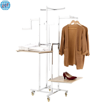 Premium Metal Cloth Display Rack with 4-Way Design and Wood Panel Caster or Foot Options