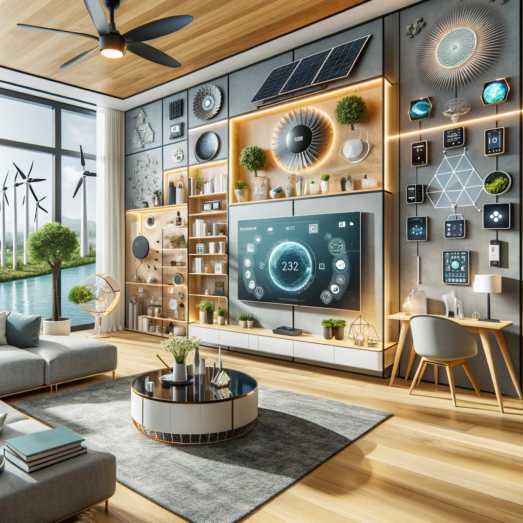 smart home trends, featuring integrated renewable energy solutions and a modern, eco-friendly smart home environment.